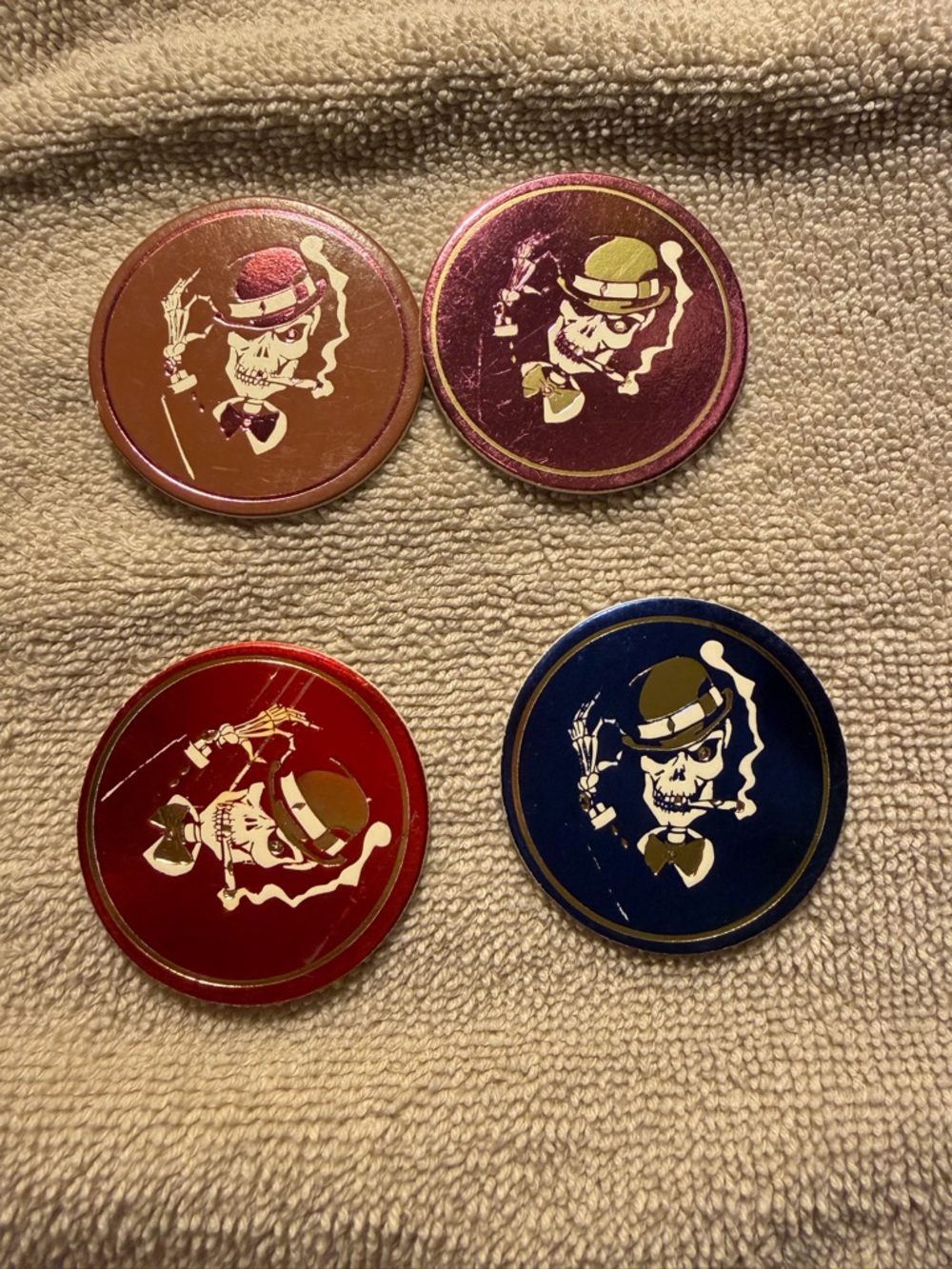 Skull in Bowler Hat Cardboard Poker Chips - Red, Blue, Purple, Bronze VintagePOG